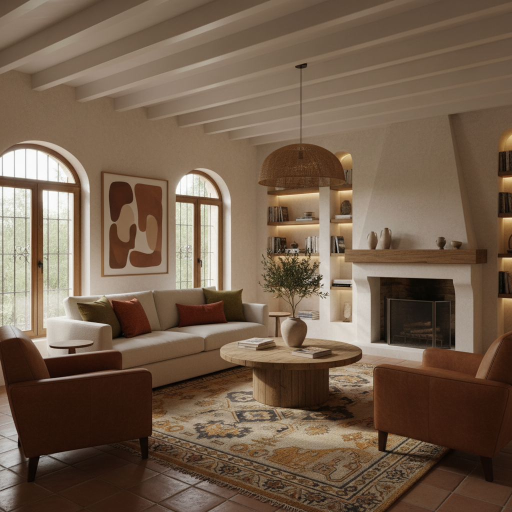Salón decorado con tonos cálidos y estilo mediterráneo